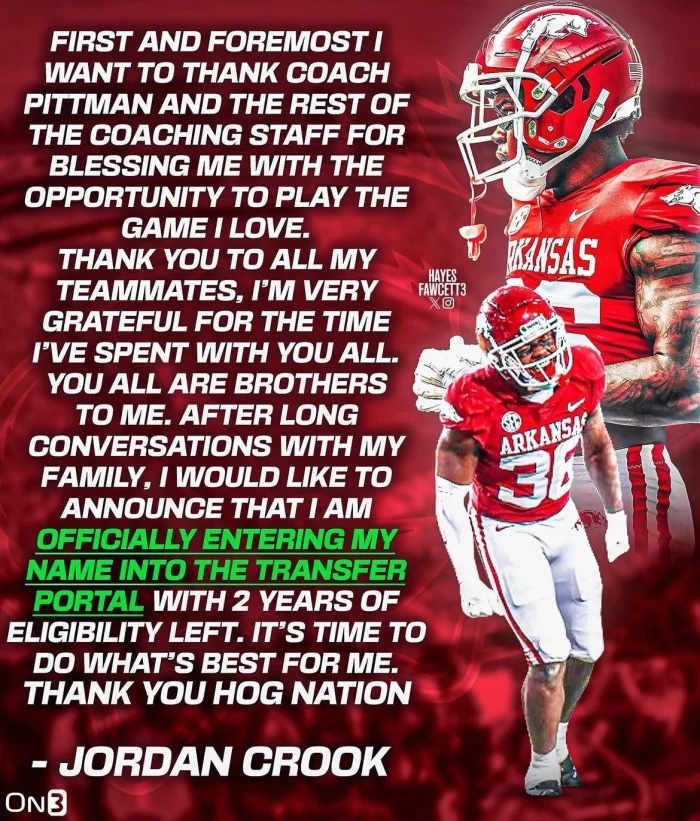 Arkansas linebacker Jordan Crook enters the transfer portal.